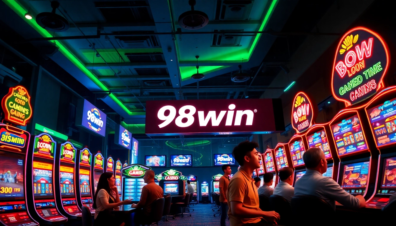 98win online gaming experience showcasing vibrant casino games, excited players, and real-time betting elements.