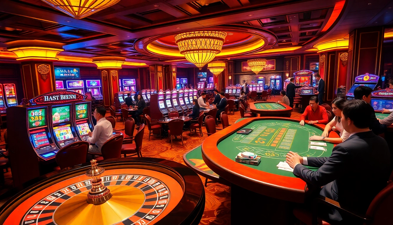 Exciting gambling scene showcasing nhà cái 33win with roulette wheels, in-game bets, and players celebrating wins.