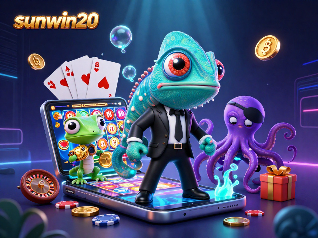 Spin the reels with sunwin20 in this vibrant casino scene featuring game elements and characters.