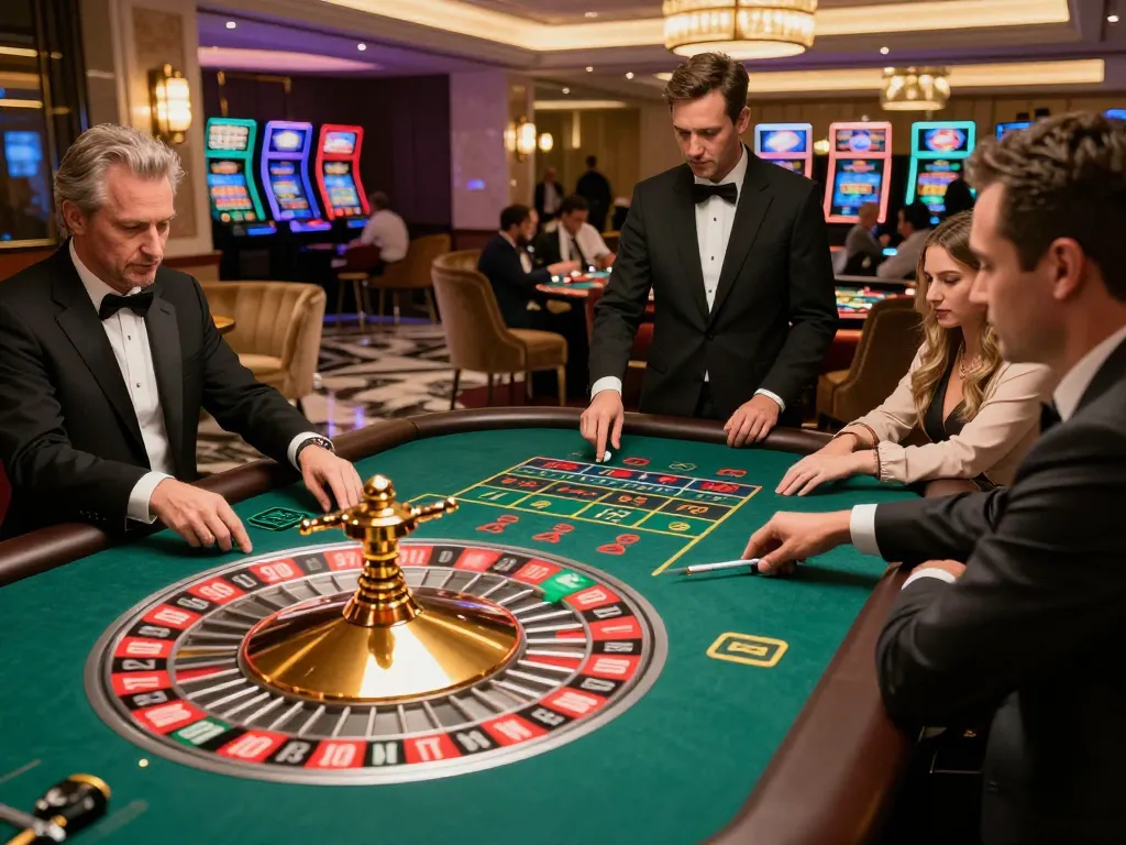 Nohu90 casino scene with players excitedly betting on roulette during an upscale gaming experience.