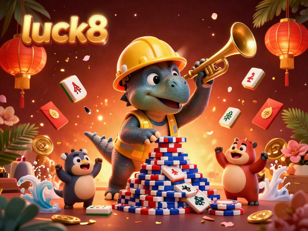luck8 engages players with a vibrant 3D scene of a triceratops building poker chip towers amidst colorful game elements.