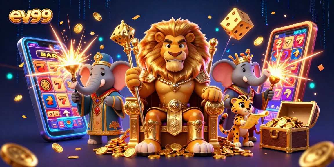 Experience the excitement of ev99 with a dynamic casino illustration featuring a winning lion, wise elephant, and speedy cheetah.