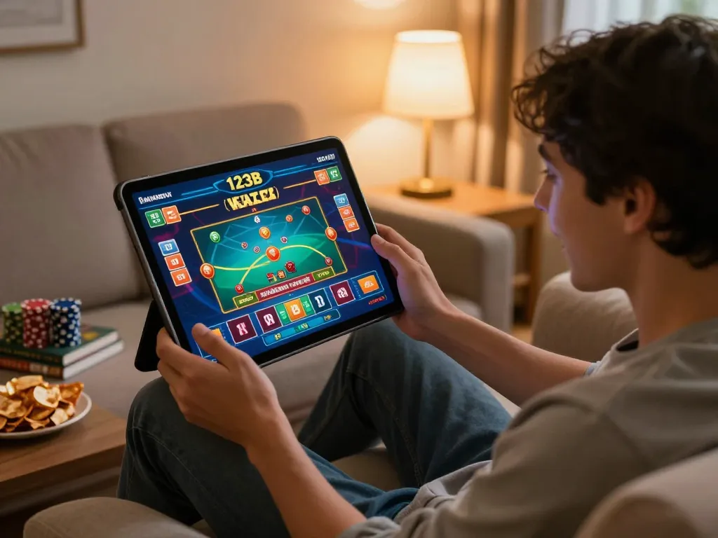 Player engaging with live dealer game on the 123B tablet in a cozy home setting, emphasizing online gambling immersion.