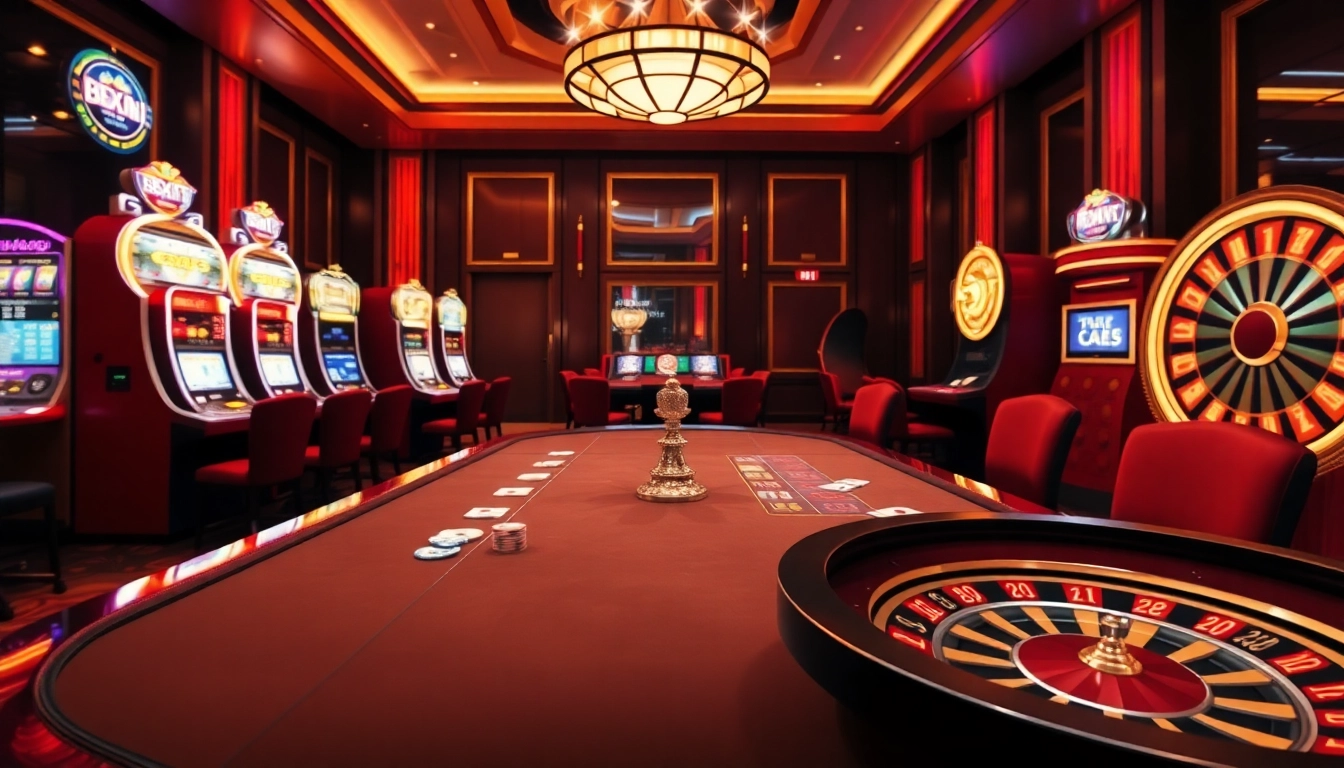 Players enjoy their gaming experience at trang chủ 69vn casino, featuring poker tables and slot machines.