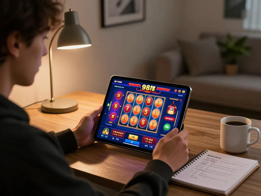 Engaging in 98win online casino gameplay with vibrant slot reels during home gaming session
