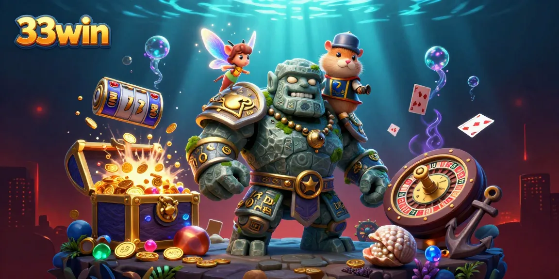 Engage with the vibrant 33win casino scene, featuring exciting slot reels and magical characters.