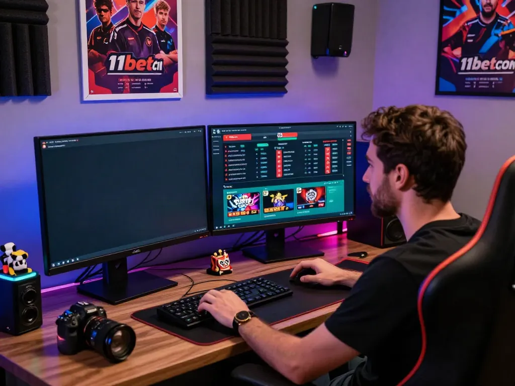 Gamer engaged on 11bet.com with dynamic interface, modern setup, and vibrant decor.