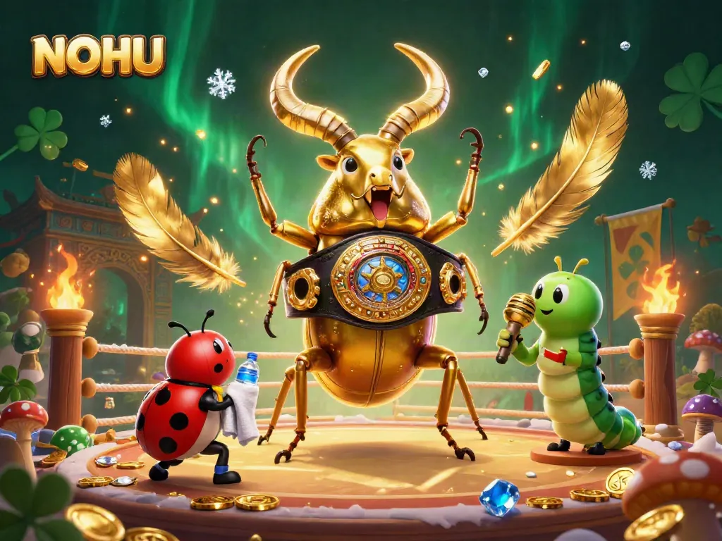 Experience the excitement of NOHU with a dynamic showdown between a golden stag beetle and its tiny corner-man in an energetic casino atmosphere.