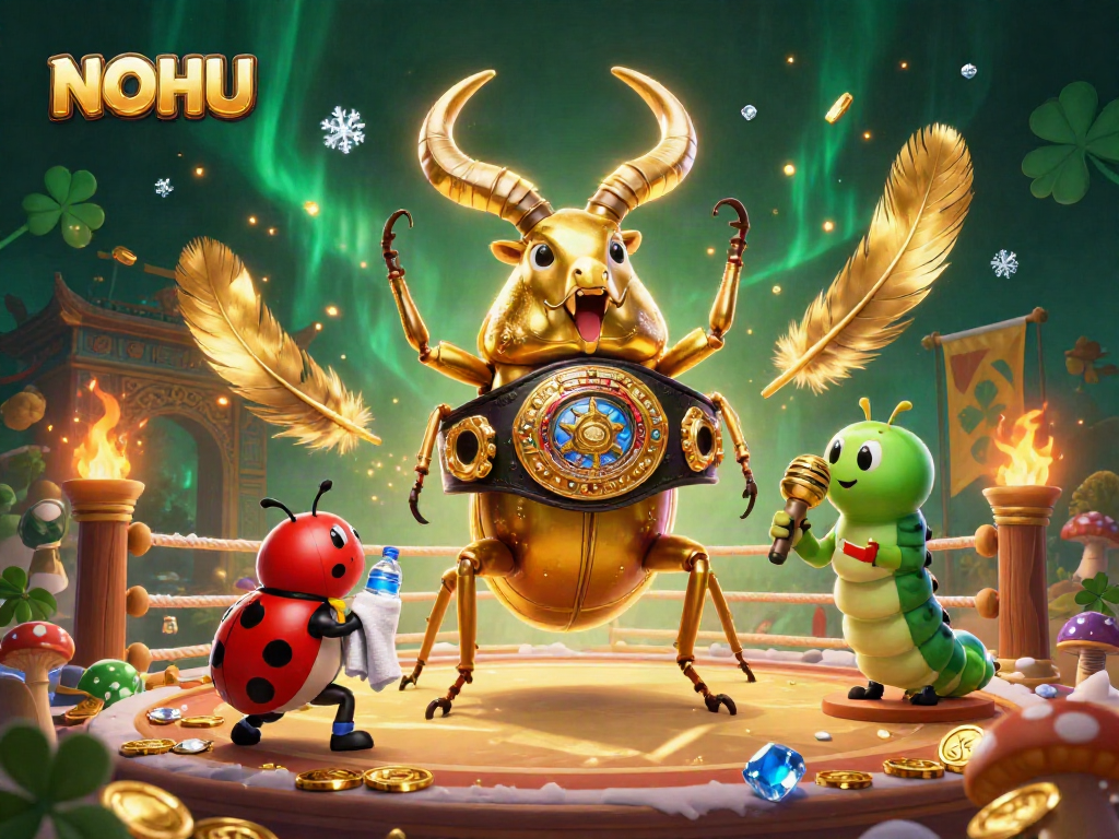 Experience the excitement of NOHU with a dynamic showdown between a golden stag beetle and its tiny corner-man in an energetic casino atmosphere.