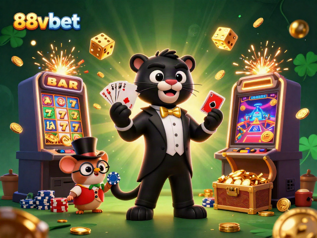 Experience the thrilling excitement of 88vbet with a stylish black panther dealer and lucky charms in a vibrant casino scene.