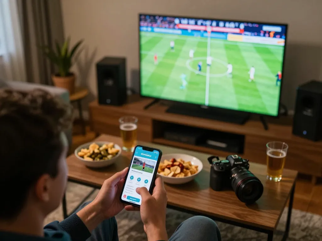 Socolive app displayed on smartphone while placing a bet at home during a football match viewing.