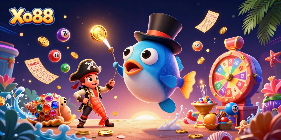 Experience thrilling gameplay with Xo88 as the anglerfish attracts golden coins amidst vibrant lottery elements.