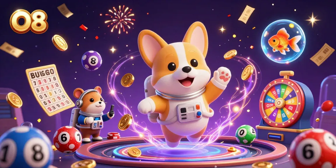 Experience thrilling gaming at O8 with a floating corgi astronaut amidst vibrant casino elements.