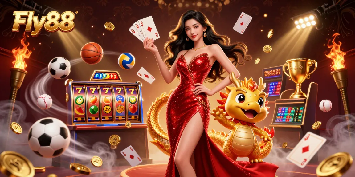 Engage with Fly88's thrilling gaming spirit, showcasing vibrant casino elements and an elegant hostess.