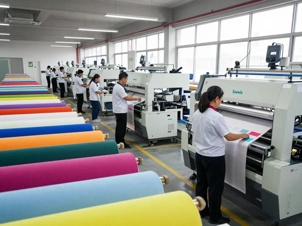 Sunwin textile facility showcasing innovative production with skilled workers and vibrant fabrics.