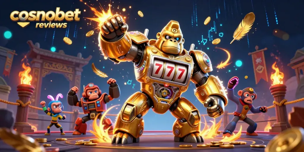 Engage in cosmobet reviews while enjoying a dynamic battle scene with a golden gorilla mech.