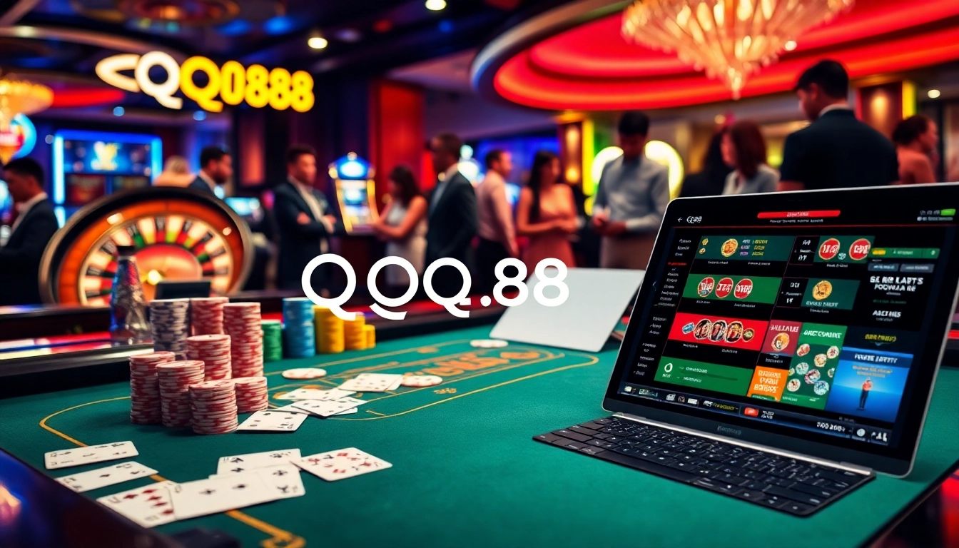 Gambling scene showcasing QQ88 logo with poker chips, roulette wheel, and cards.