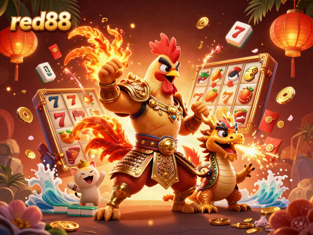 Experience thrilling gameplay at red88 with a fighting rooster, dragon hatchling, and dynamic slot actions.