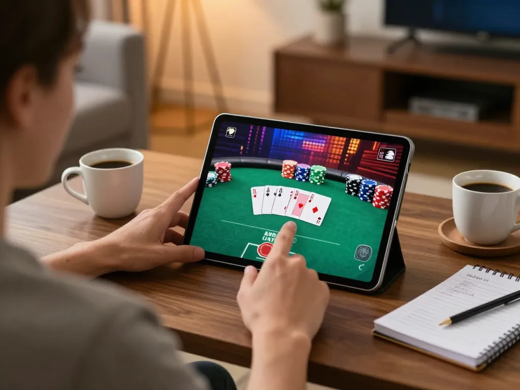 Engaging with stepballl for an online poker game at a cozy home setup featuring strategic notes.