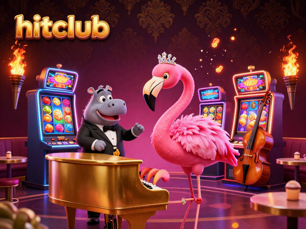 Engage with hitclub's lively 3D casino scene featuring a singing flamingo and hippo bassist by vibrant slot machines.