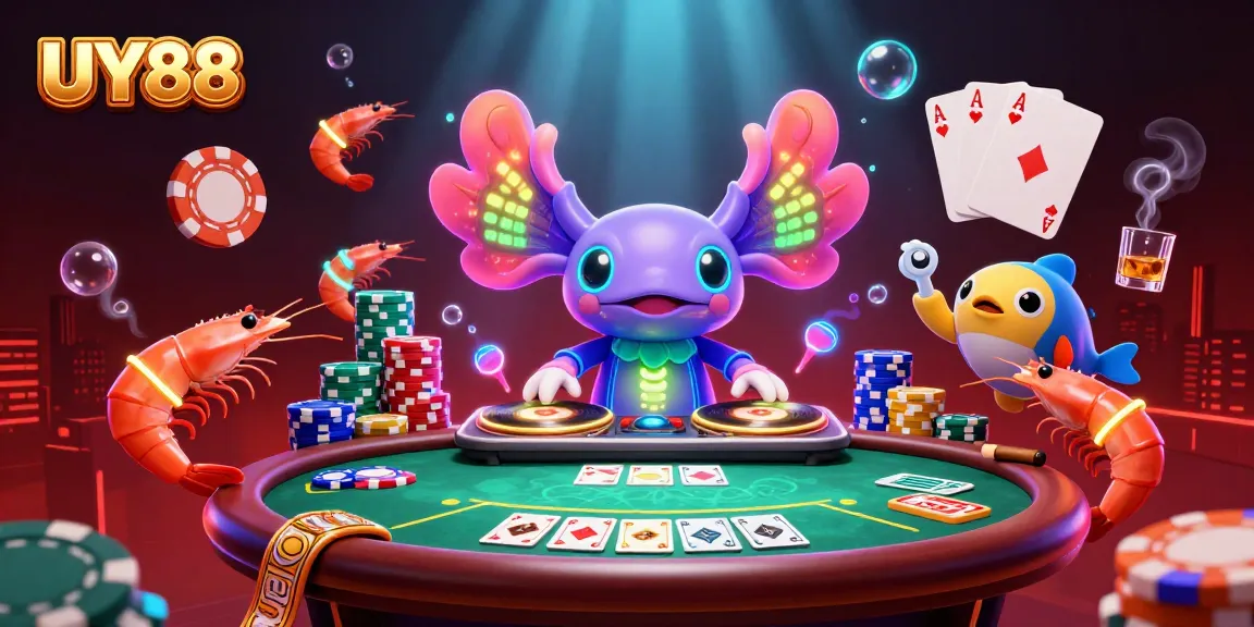 Experience UY88's energetic underwater casino scene with a neon axolotl DJ and vibrant game elements.