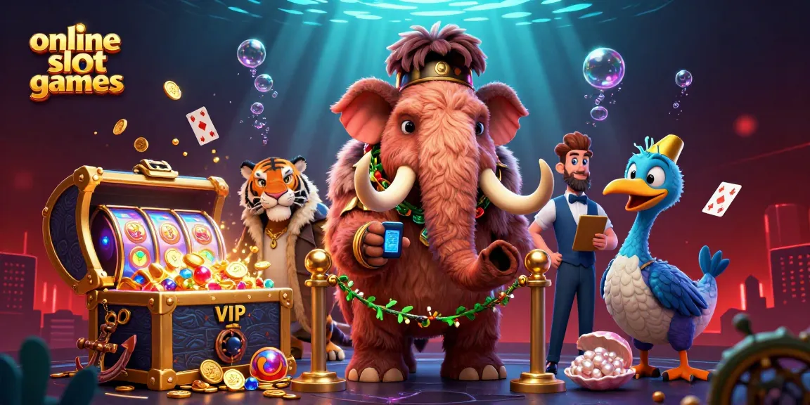 Engage with online slot games in a vibrant casino scene featuring a woolly mammoth bouncer.