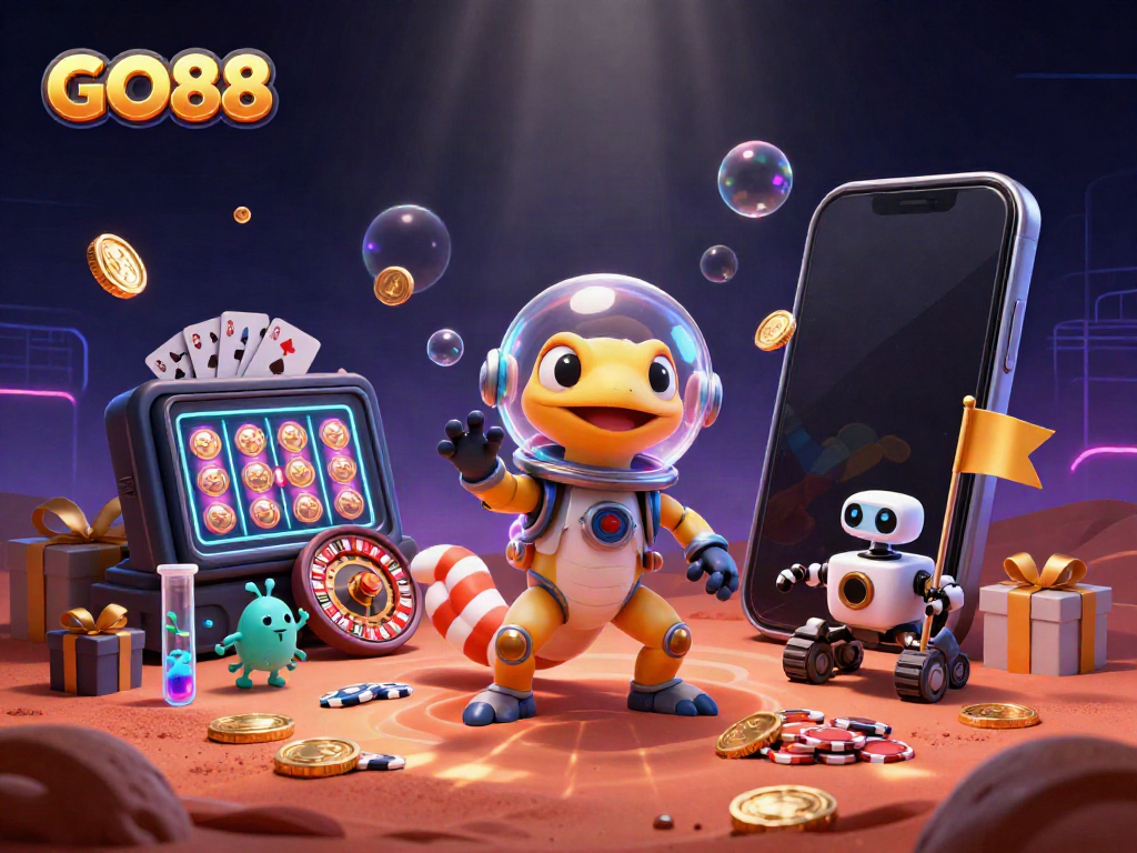 Experience GO88's adventure with a Martian gecko in a golden casino, surrounded by vibrant slot and casino elements.