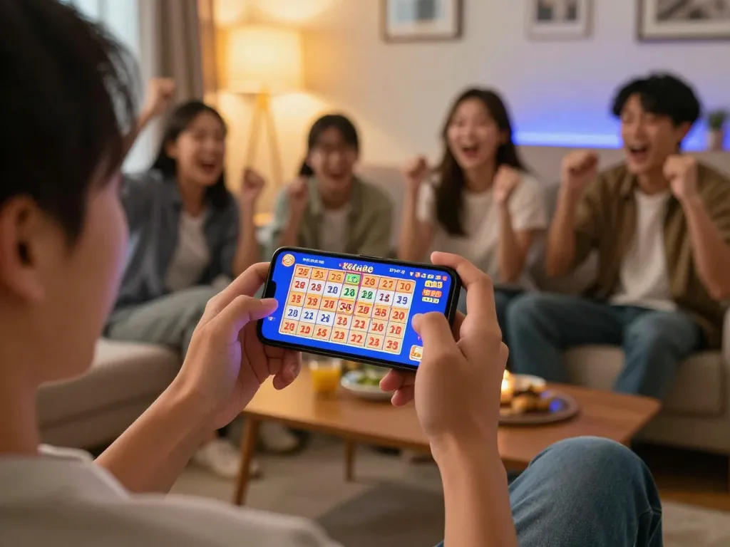 Xổ số TG88 mobile gaming excitement with friends in a cozy home environment.