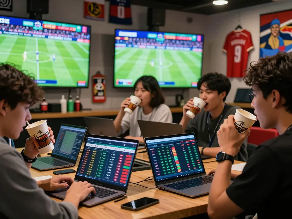 Enthusiastic bettors analyzing kèo nhà cái data in a vibrant sports environment with live match displays.