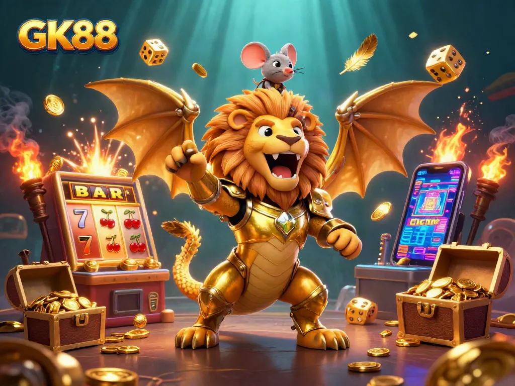 GK88 unleashes thrilling casino action with a chimera creature amidst a jackpot explosion.