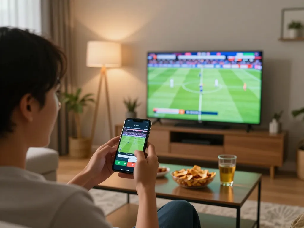 Socolive trực tiếp bóng đá engaging viewer watching a live match while placing bets on their smartphone in a modern living room.