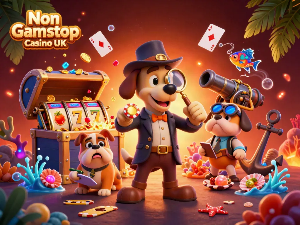 Venture into a Non Gamstop Casino UK scene with cartoon detective and treasures around him.