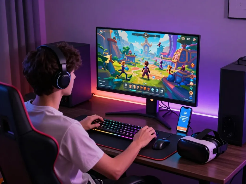Engaging scene of a user playing vibrant porn games on a high-definition monitor with gaming peripherals.