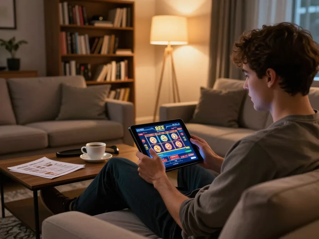 Engaging gameplay on 8EEE plataforma from the comfort of home, player focused on exciting casino action