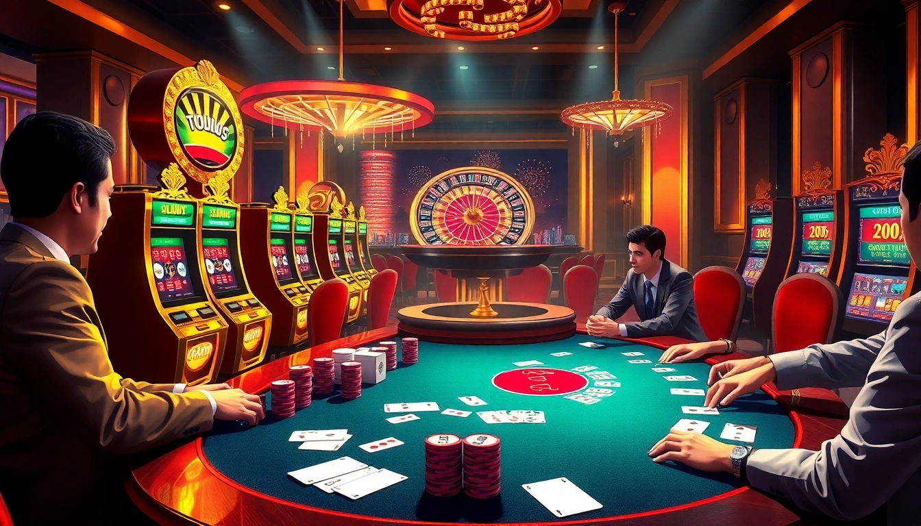 Alo 789 players celebrate a thrilling win at the vibrant casino tables with poker chips and slots.
