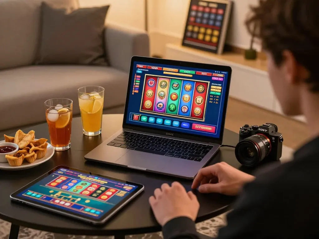 Engaging online gaming moment with nhà cái HM88 player focusing on slot machine game interface.