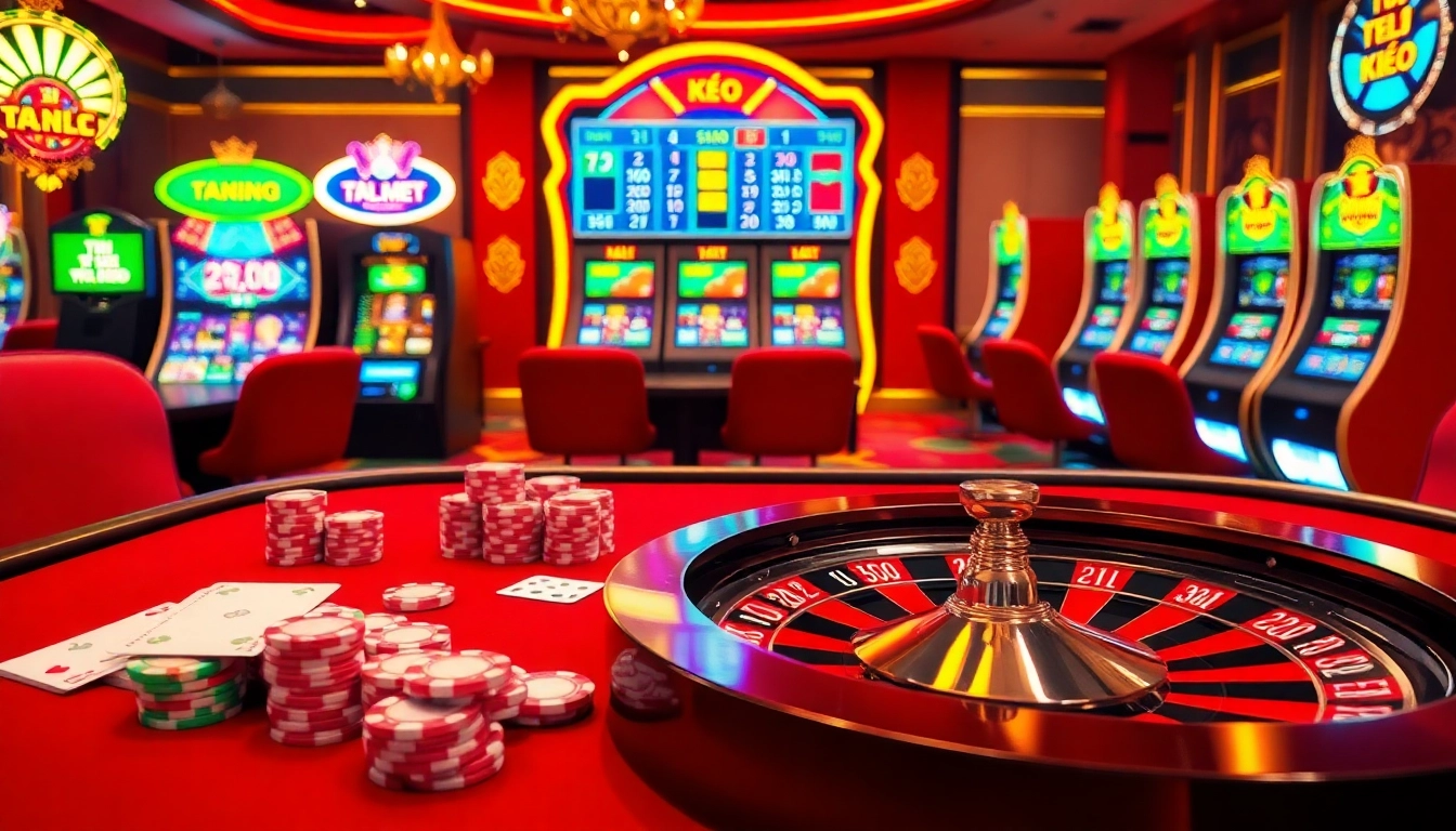 Tỷ lệ kèo displayed prominently on a professional casino table with vibrant poker chips and cards.