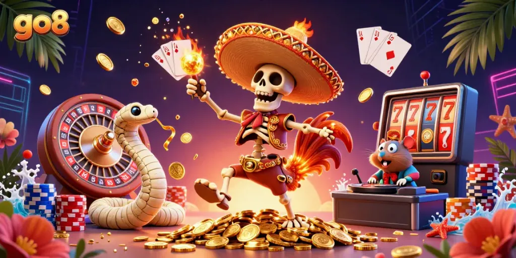 Experience vibrant gameplay with go8 featuring a festive 3D cartoon illustration of a mariachi rooster and friends celebrating wins in a casino.