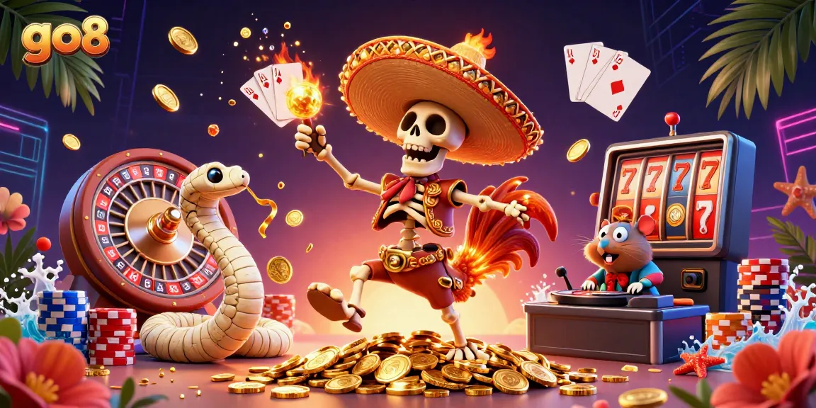 Experience vibrant gameplay with go8 featuring a festive 3D cartoon illustration of a mariachi rooster and friends celebrating wins in a casino.