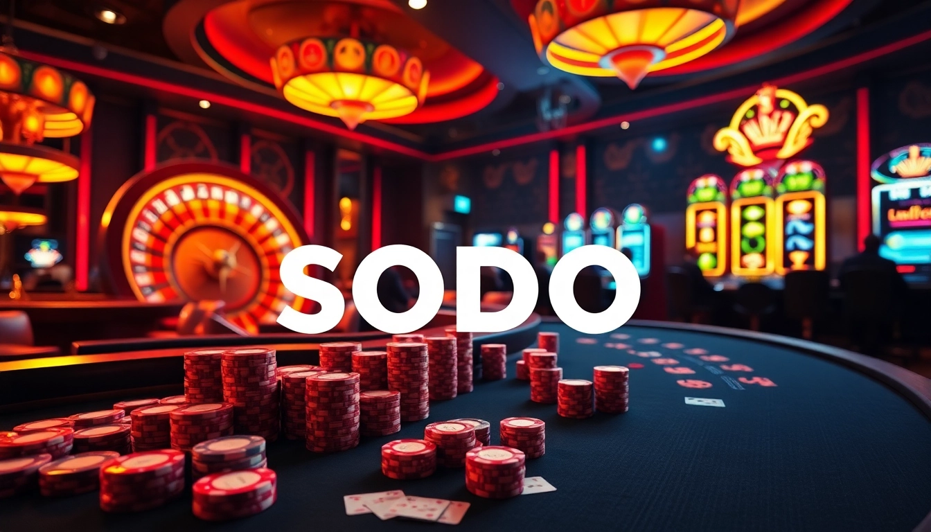 SODO Casino: Players enjoying a thrilling game of blackjack amidst vibrant casino tables and slot machines.