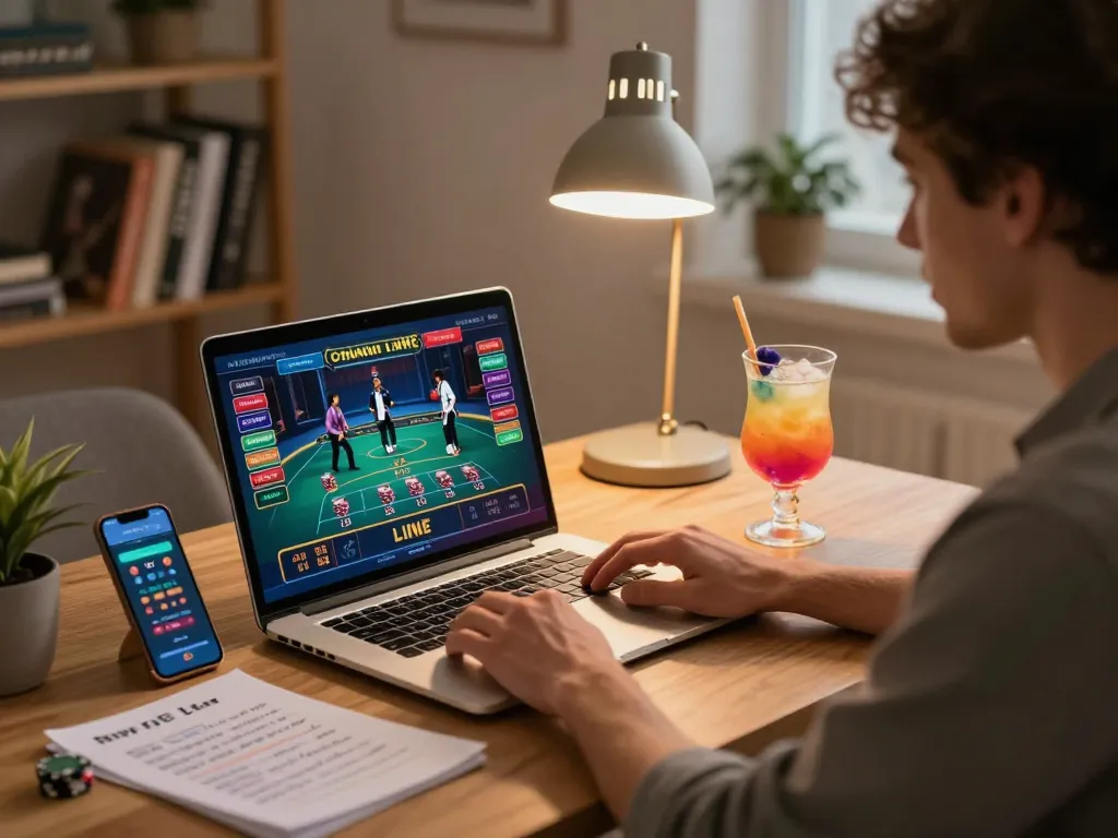 Experience online casino excitement with fly 88 as a player engages in live dealer gameplay from a stylish home setup.