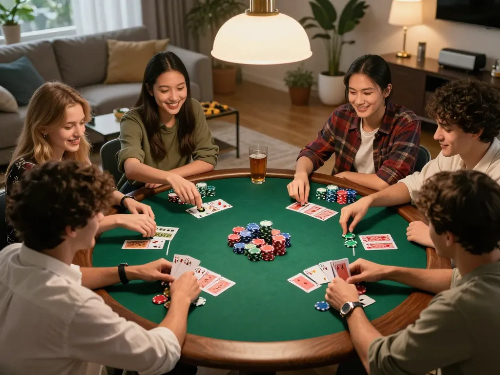 Friends enjoying a competitive poker game at home while playing Hitclub.