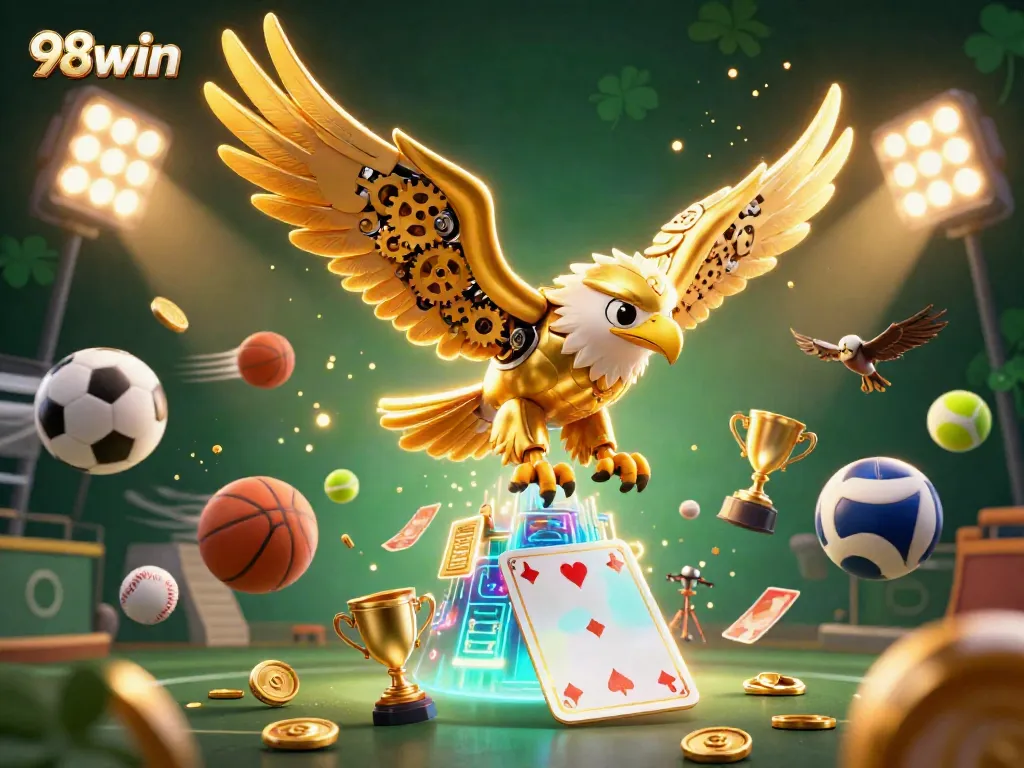 98win showcases vibrant 3D casino action with golden eagle and dynamic game elements.