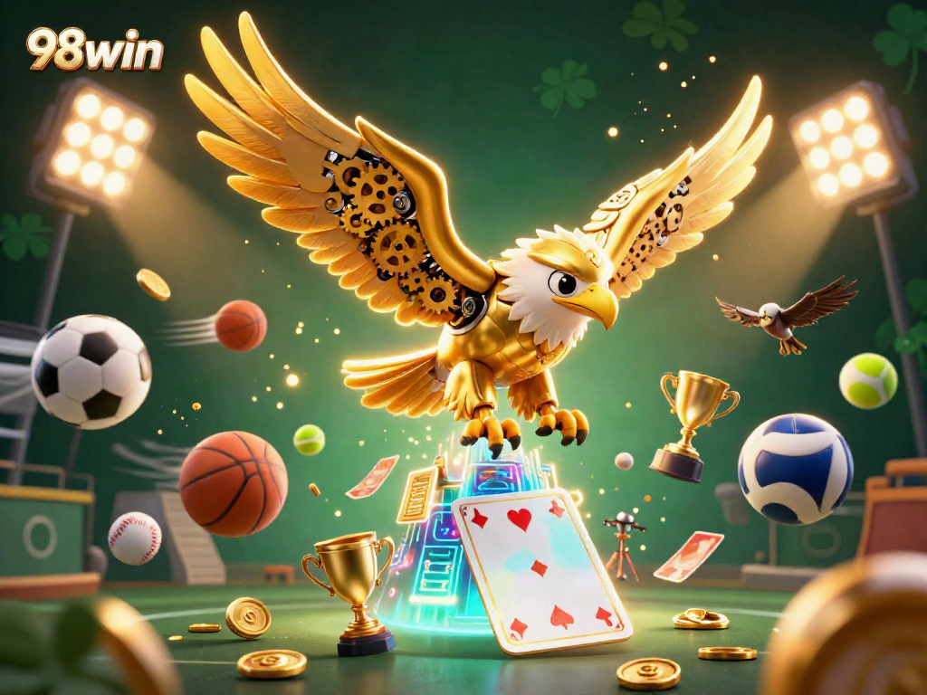 98win showcases vibrant 3D casino action with golden eagle and dynamic game elements.
