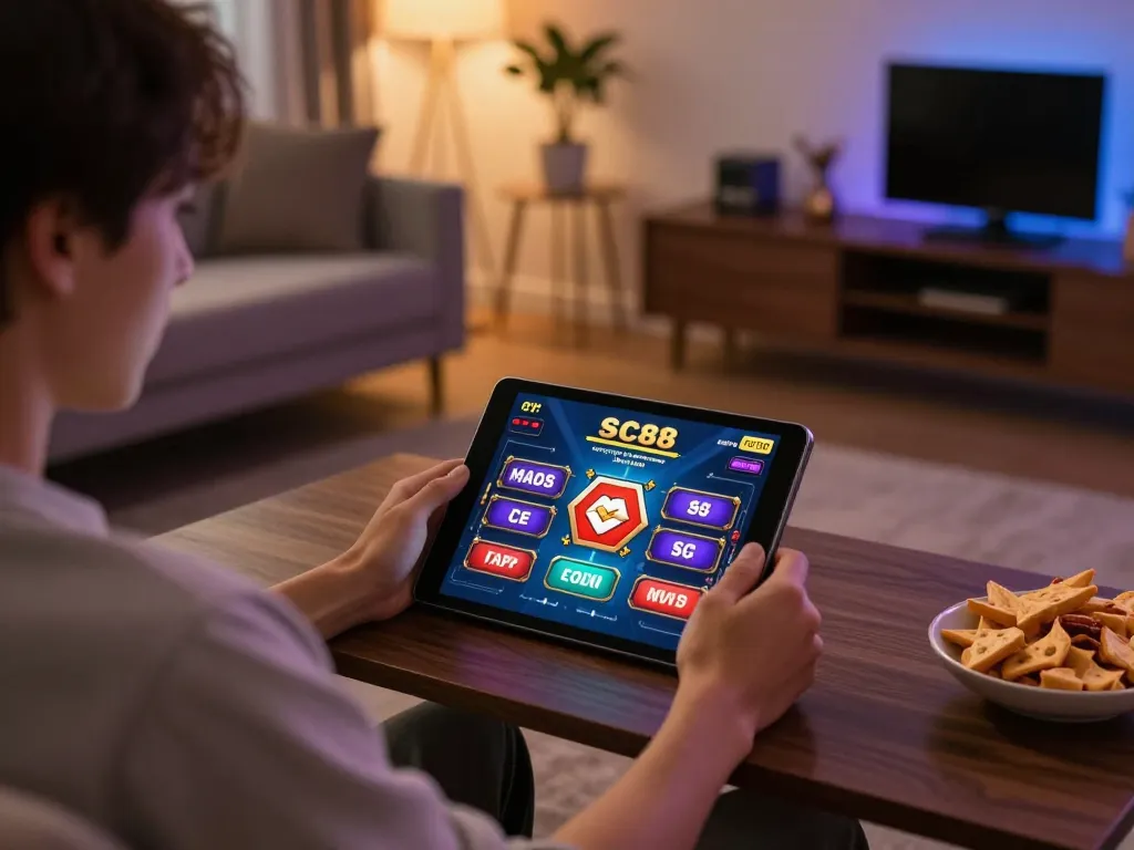 Playing SC88.com online casino game at home with tablet and strategic notes visible