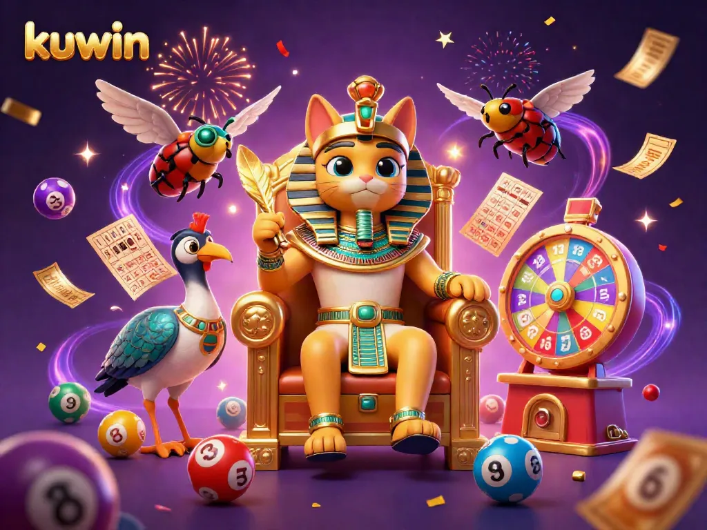 Kuwin elevates gaming with vibrant casino elements, featuring a cartoon pharaoh cat and dynamic balls.