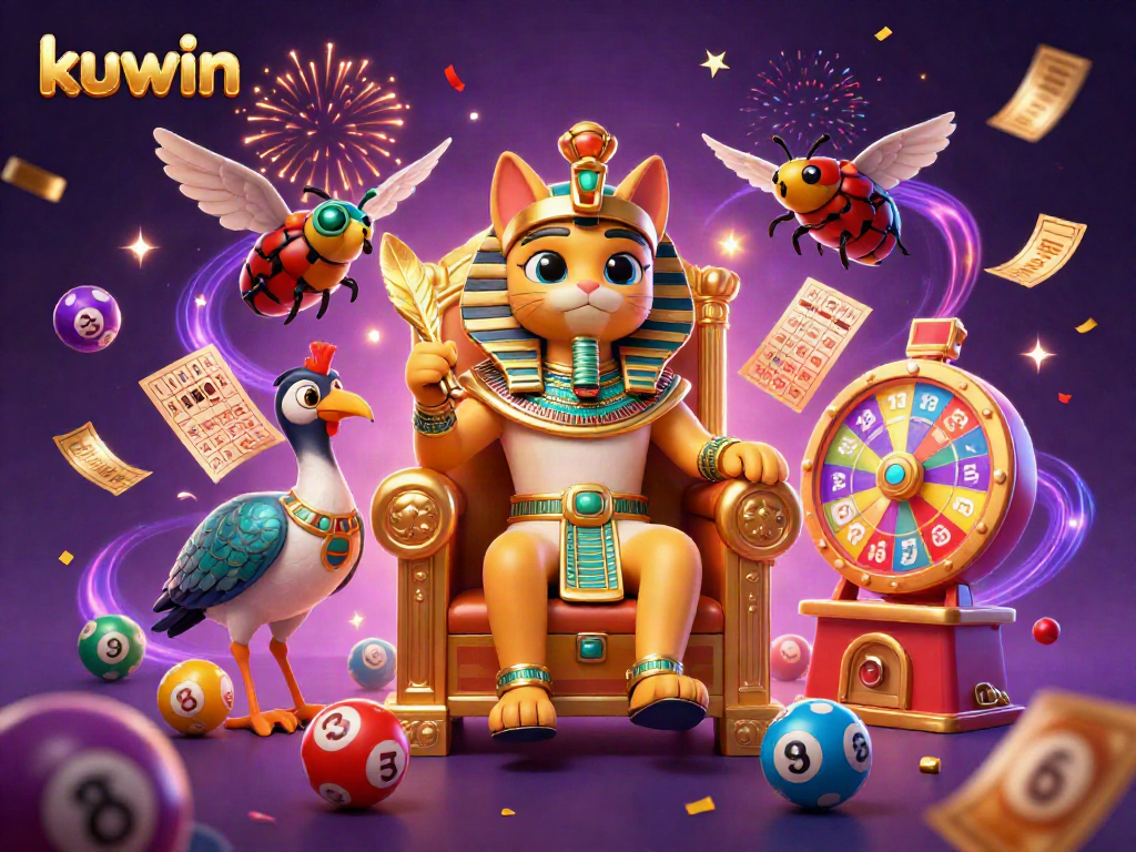 Kuwin elevates gaming with vibrant casino elements, featuring a cartoon pharaoh cat and dynamic balls.