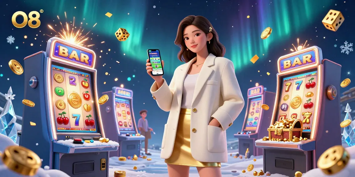Engaging O8 betting scene featuring a beautiful Asian woman showcasing a sports betting app amidst dynamic casino elements.