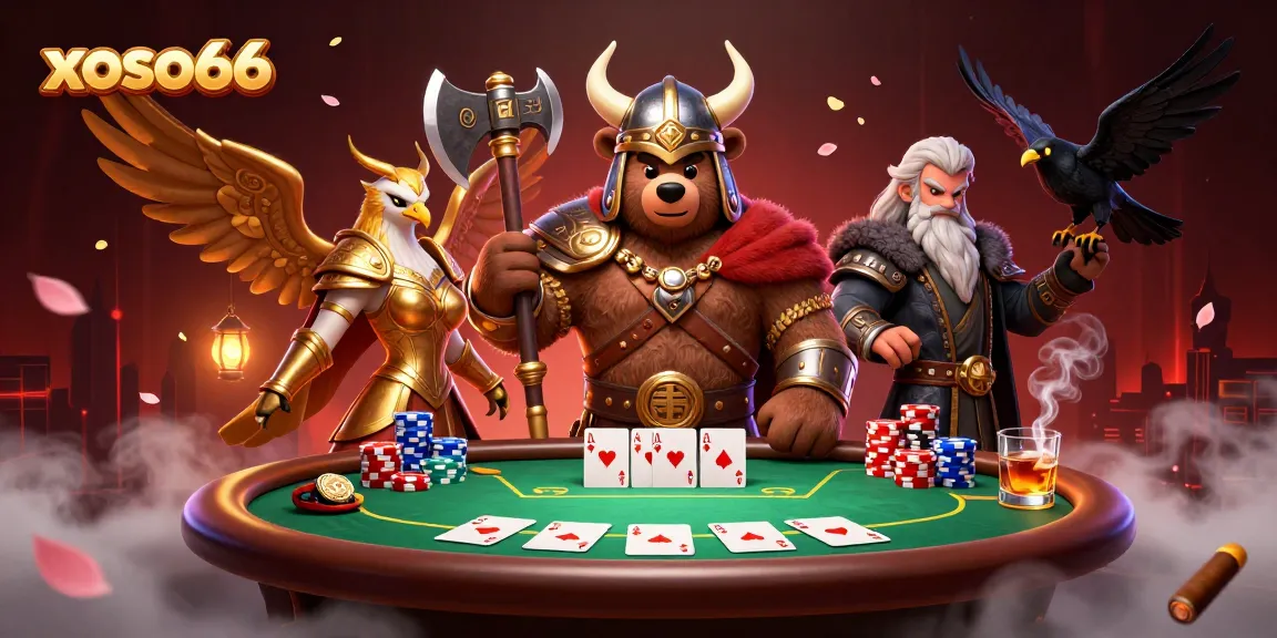 Xoso66 offers an engaging online gambling experience with Viking and Valkyrie characters, showcasing vibrant casino action.