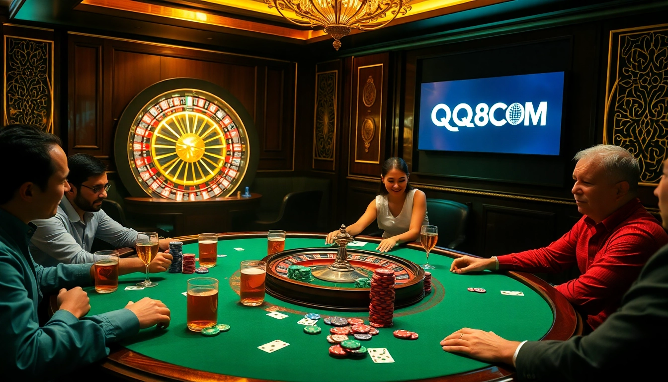 Gamblers playing poker at a luxurious table featuring QQ88COM poker chips and cards.